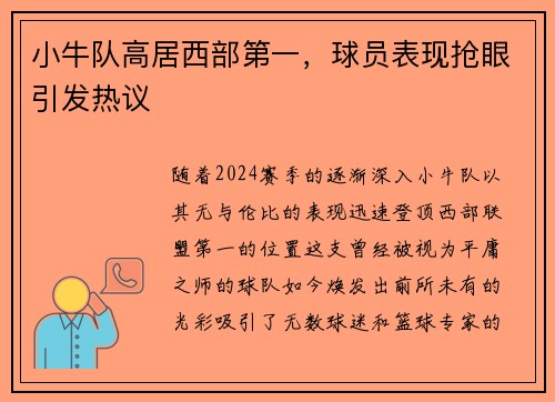 小牛队高居西部第一，球员表现抢眼引发热议