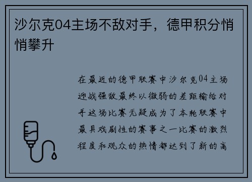 沙尔克04主场不敌对手，德甲积分悄悄攀升